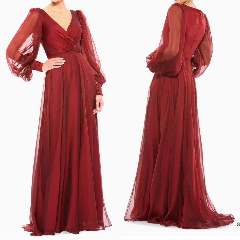 NEW MAC DUGGAL CHIFFON long sleeves v neck gown sz 16
